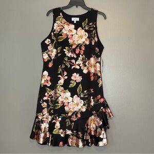 Signature By Robbie Bee Black Red Pink Shimmer Floral Dress Size L Large